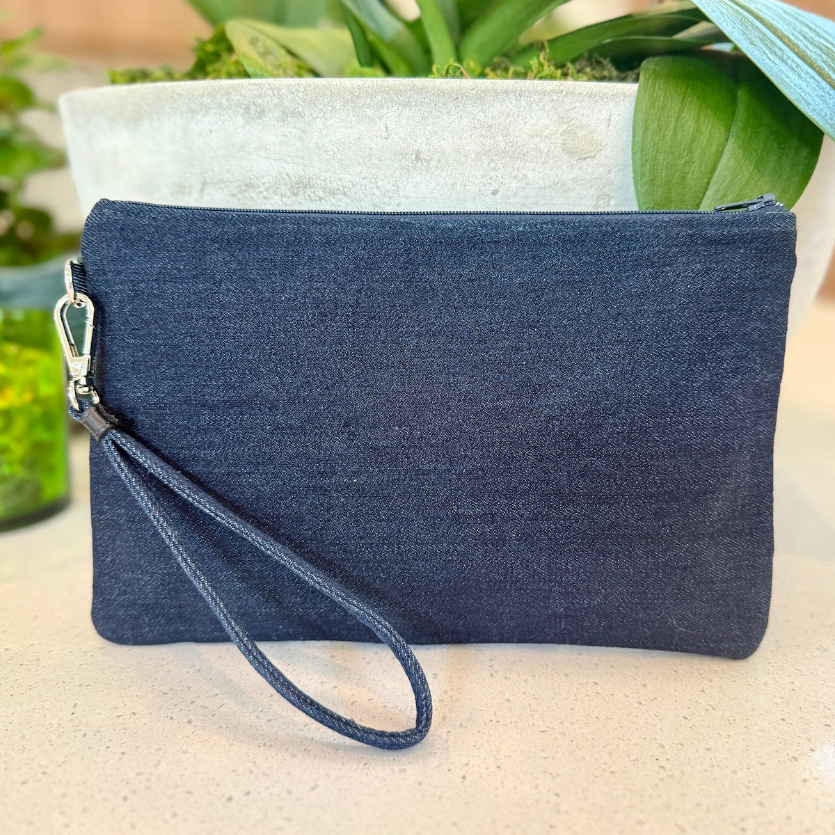Blue Palm Denim Wristlet