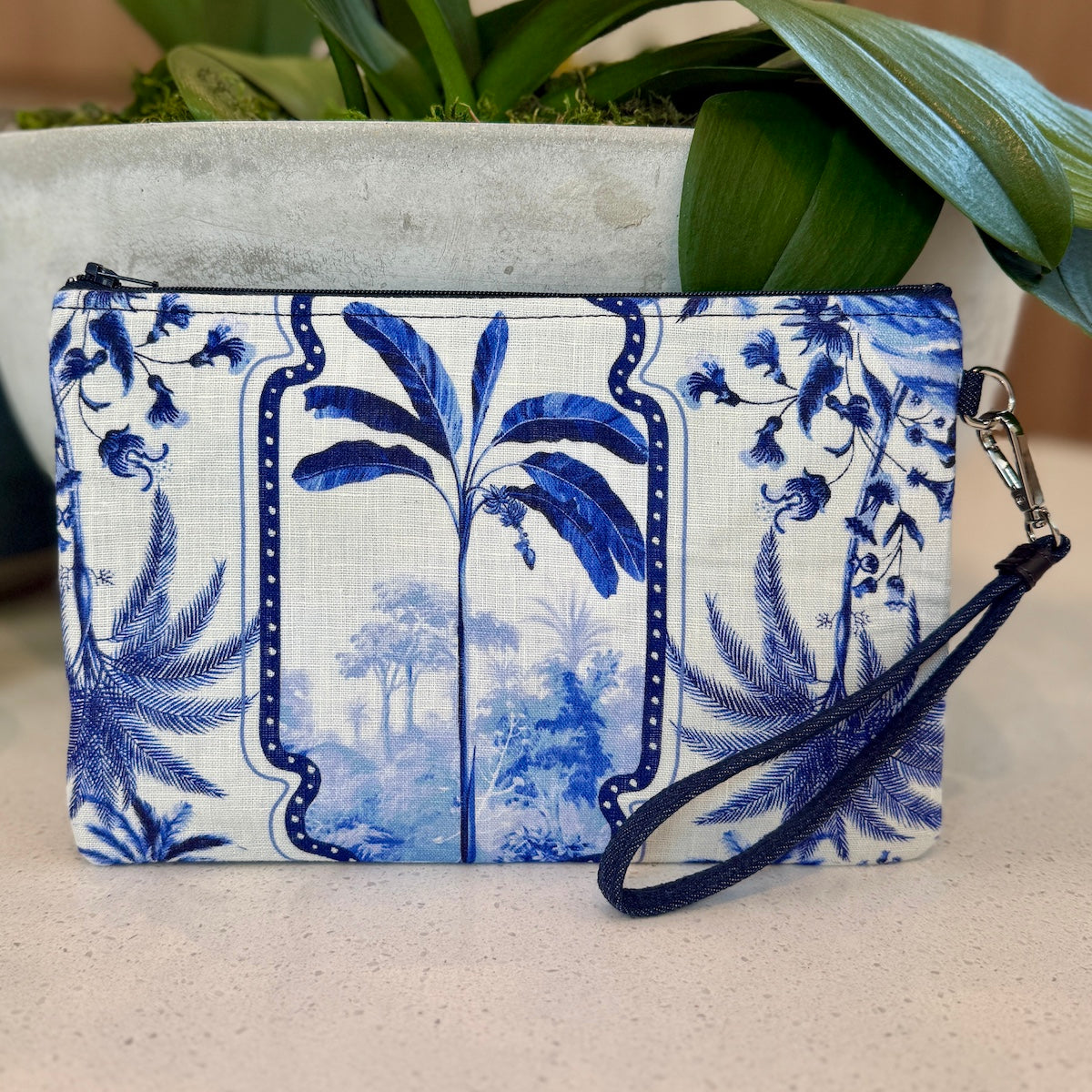 Blue Palm Denim Wristlet