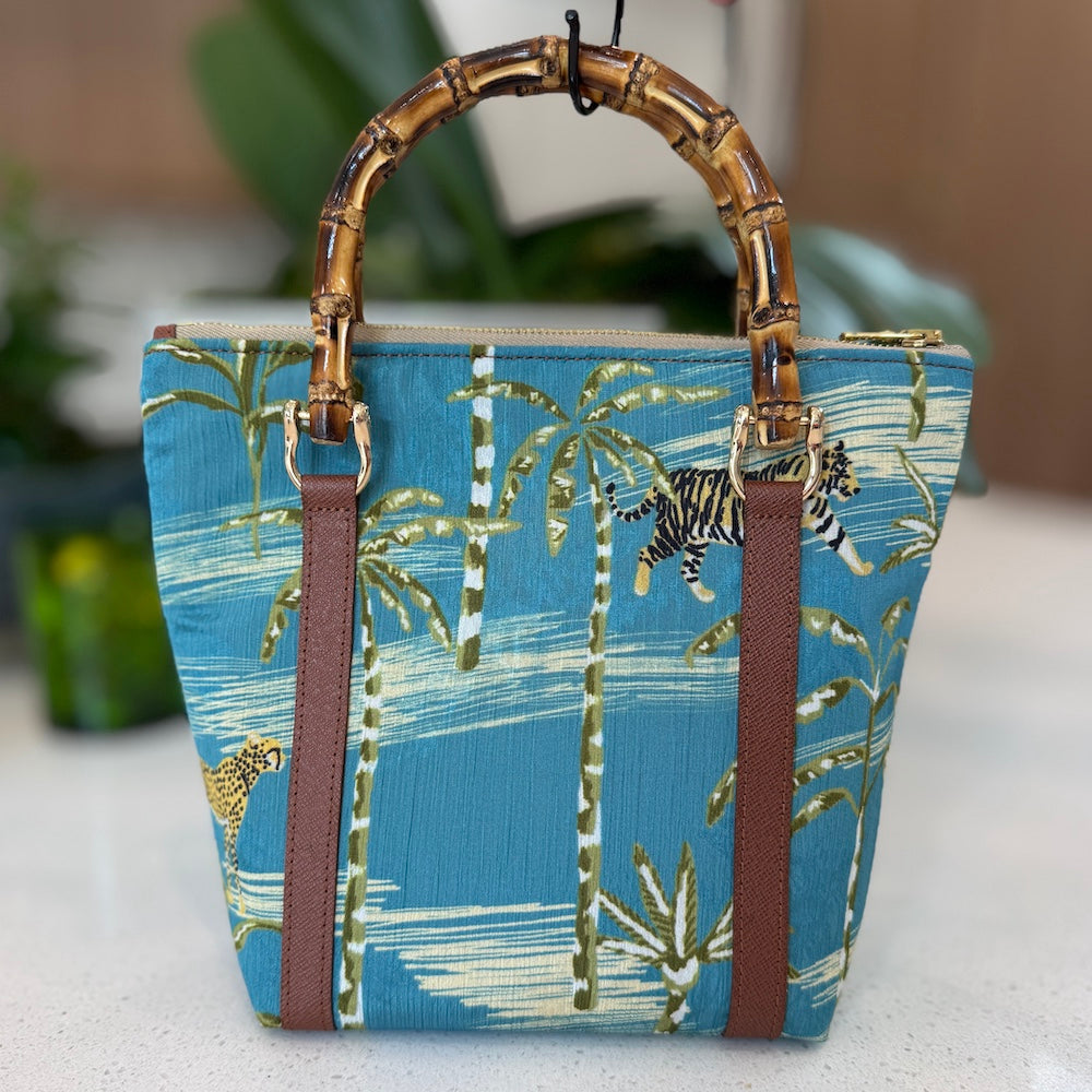 Blue and Green Savannah Cats Jacquard Print Handbag