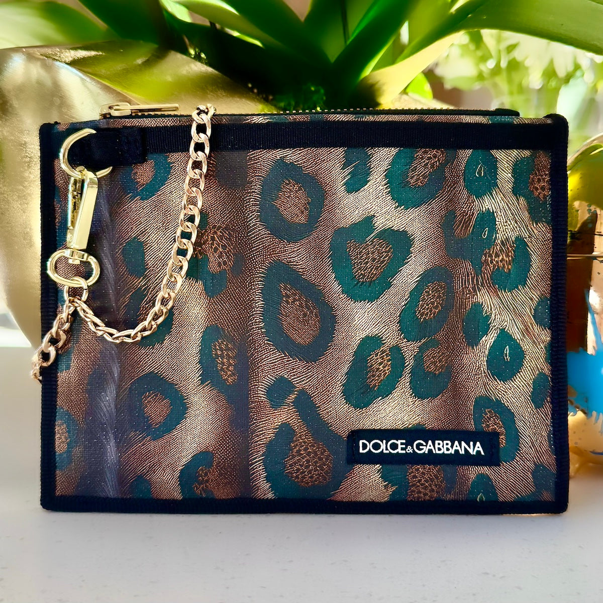 Leopard Print / Brown Leather Zip Pouch