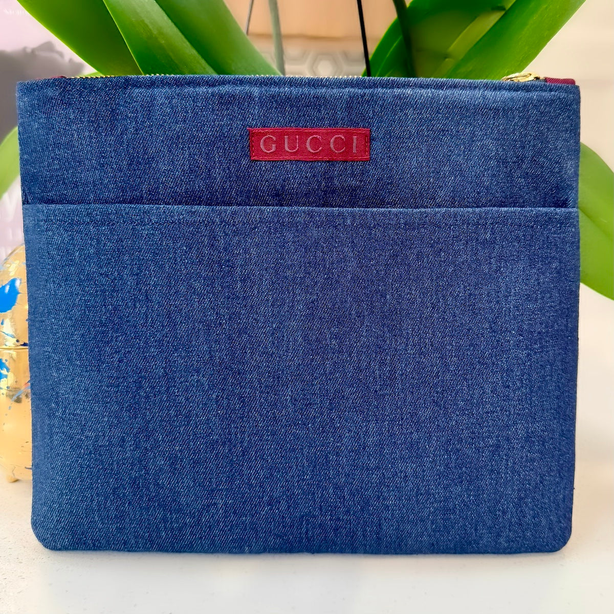 Dark Denim & Burgundy Zip Pouch Large