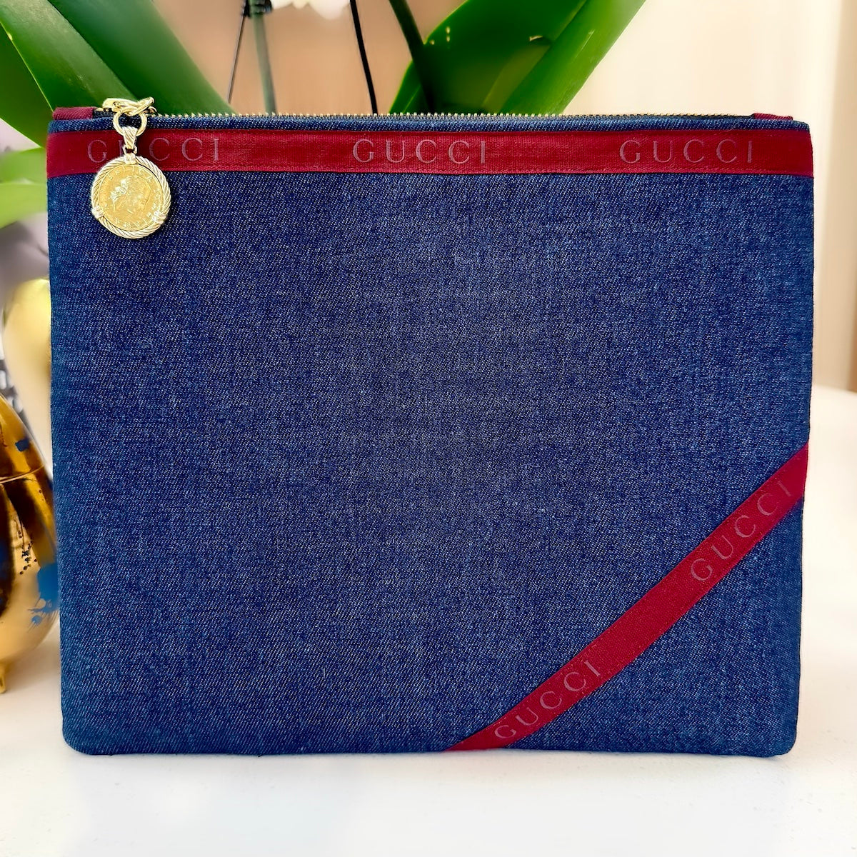 Dark Denim & Burgundy Zip Pouch Large