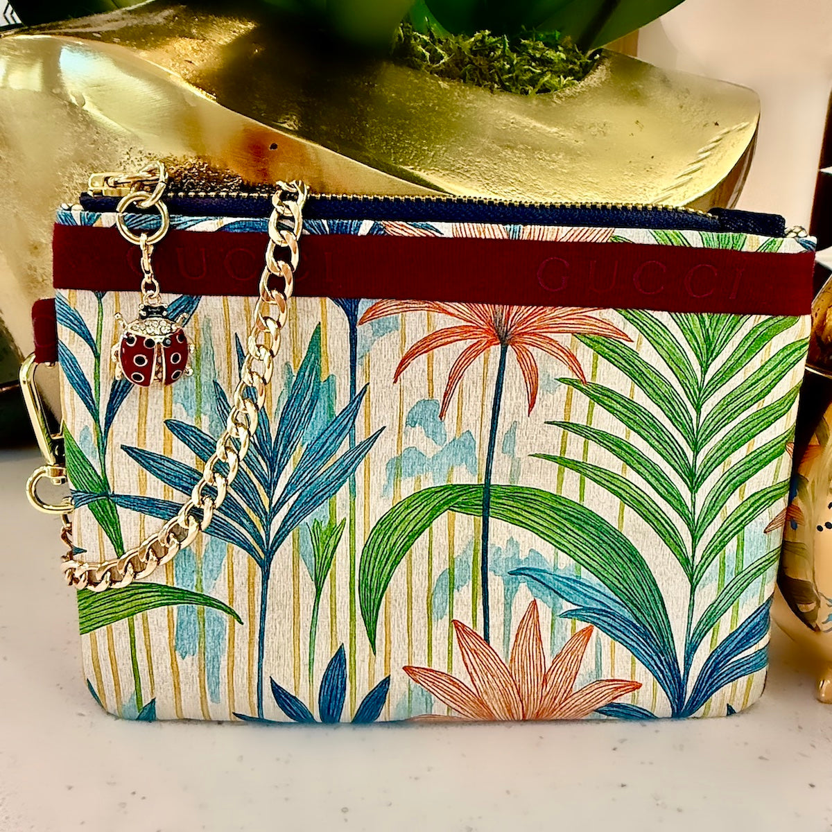 KFB Tropical Print/ Denim Zip Pouch Burgundy