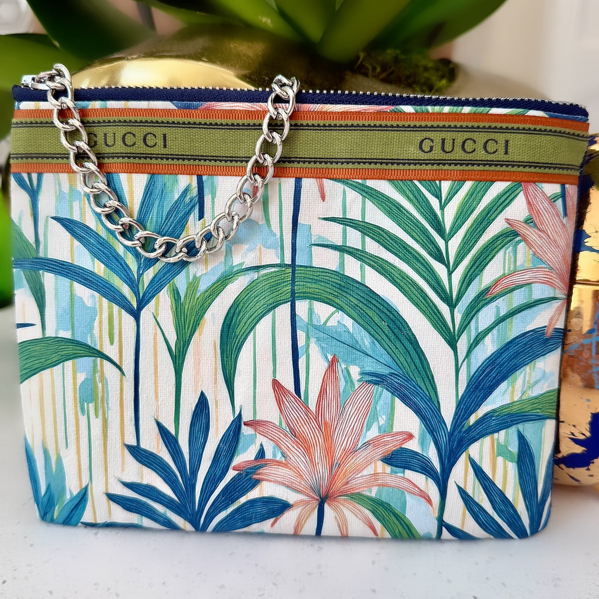 KFB Tropical Print/Denim Zip Pouch