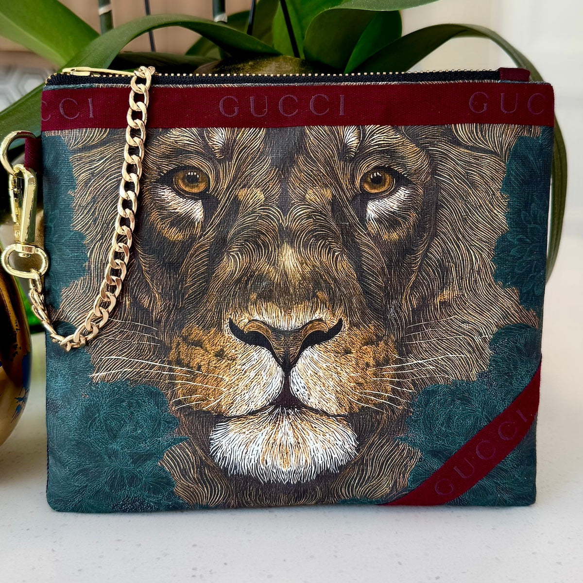 KFB Lion Print - Dark Denim & Burgundy Zip Pouch