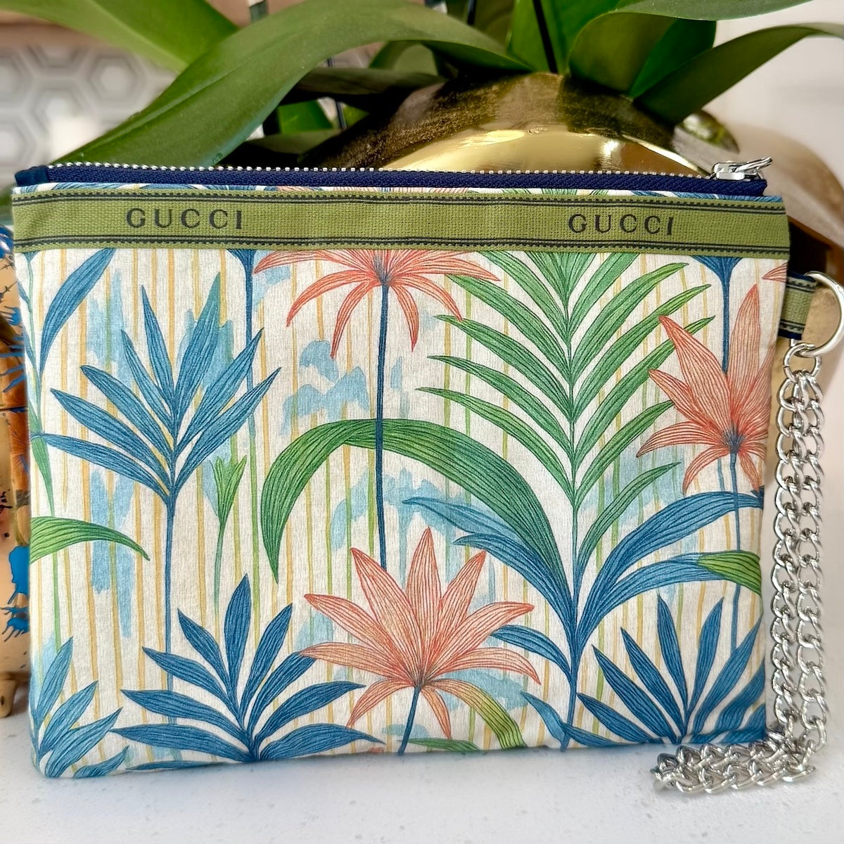 KFB Tropical Print Zip Pouch Silver