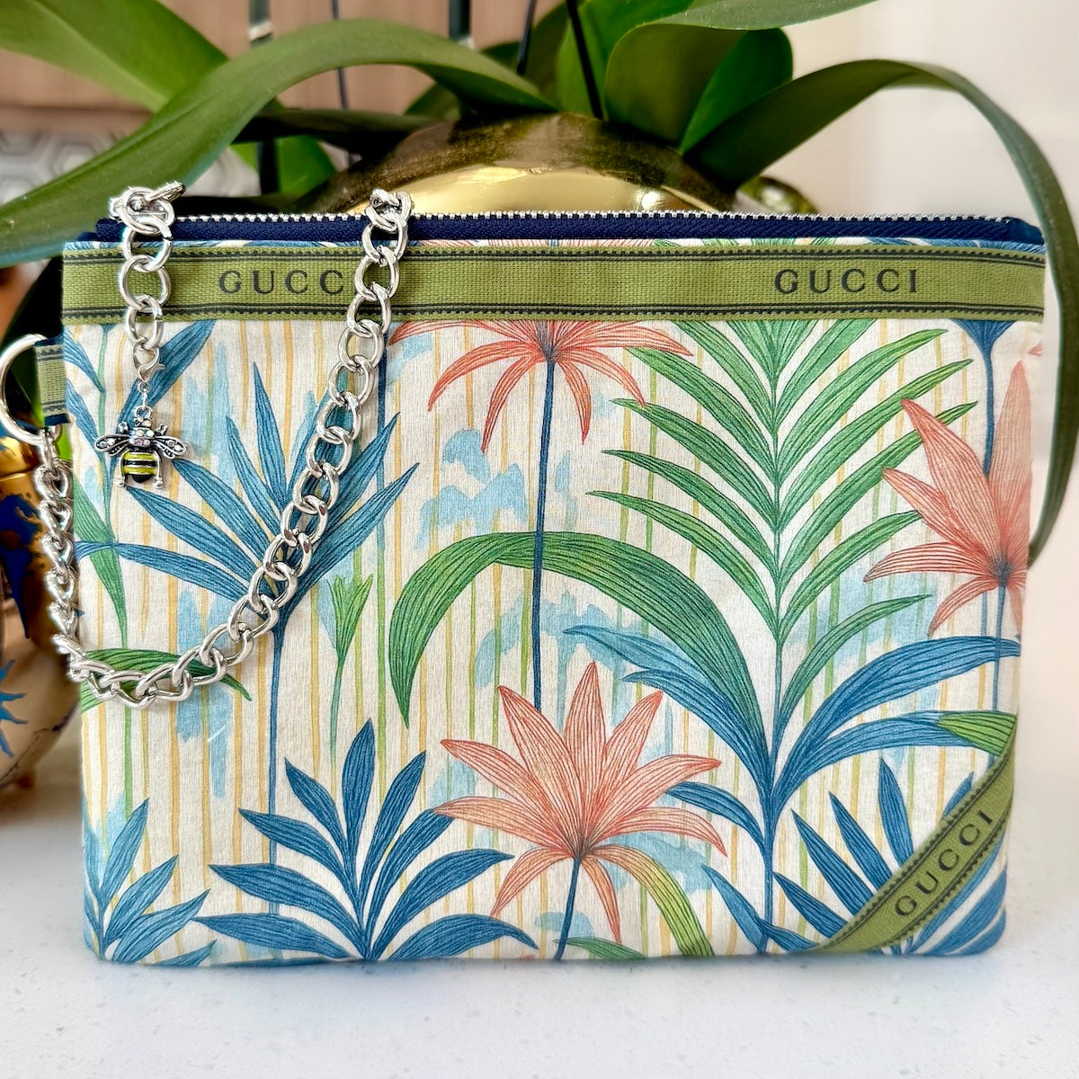 KFB Tropical Print Zip Pouch Silver