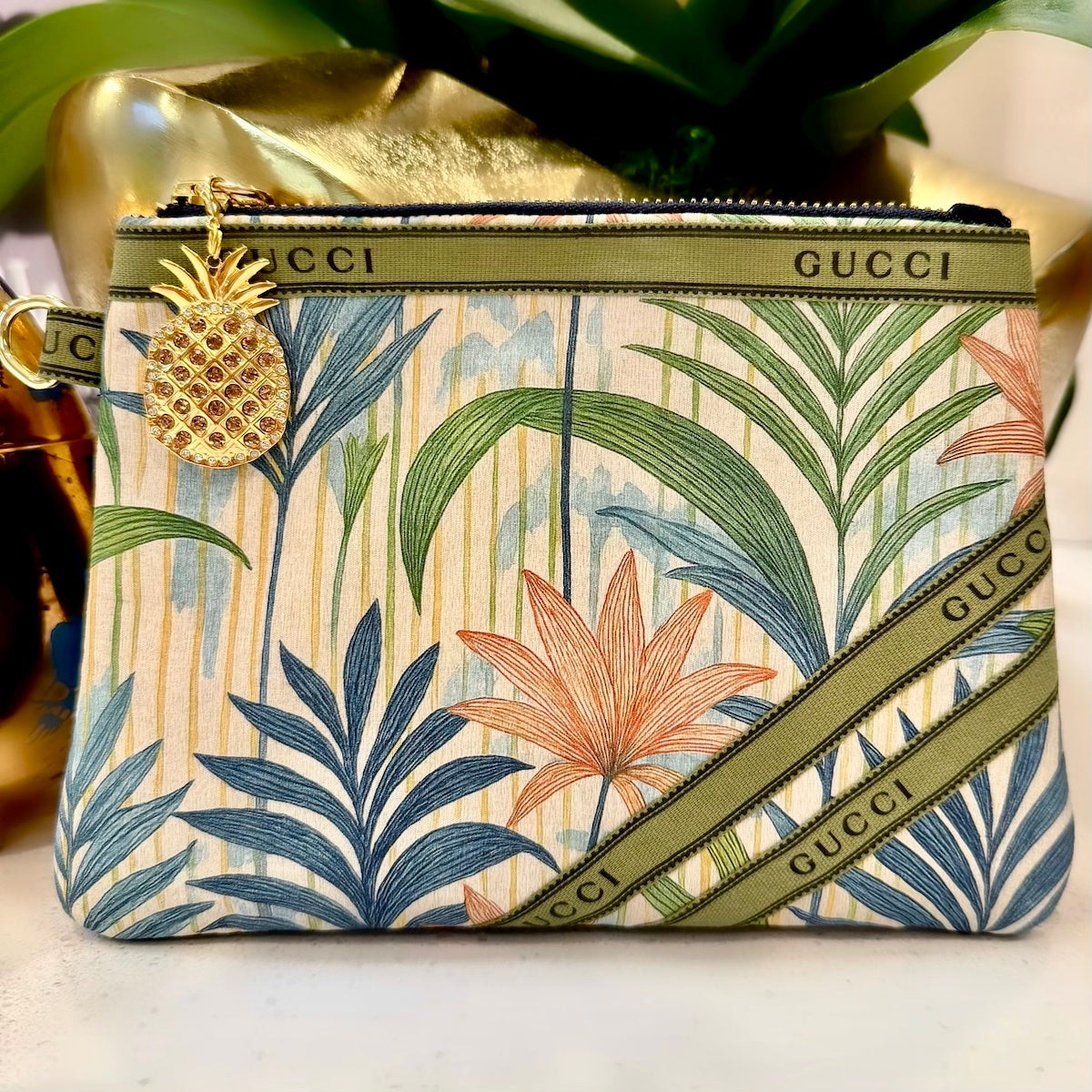 KFB Tropical Print / Denim Zip Pouch