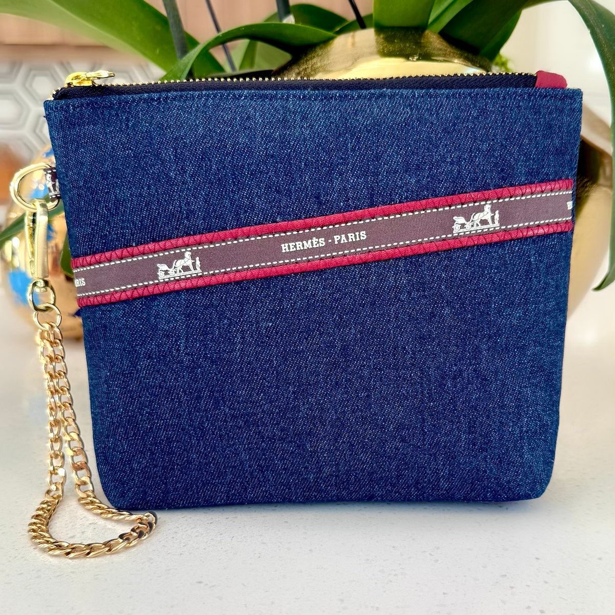 Dark Denim & Burgundy Cosmetics Bag / Pouch